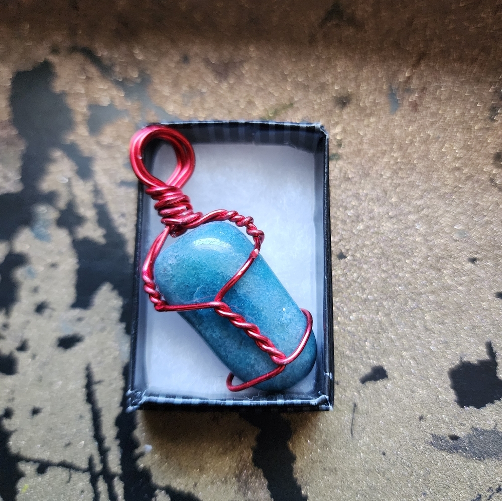 Blue Stone Pendant with Red Wire Wrap